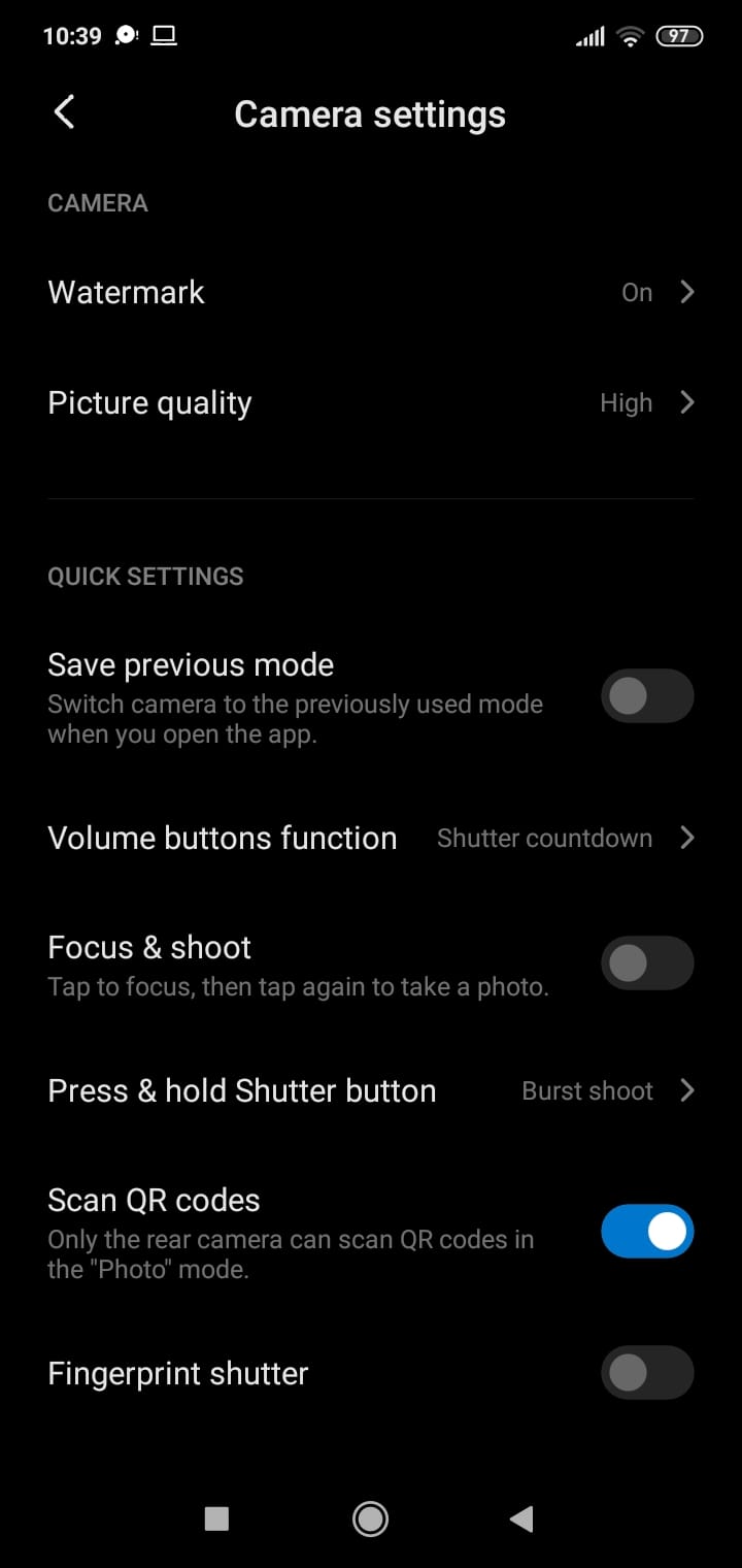 Xiaomi camera App settings